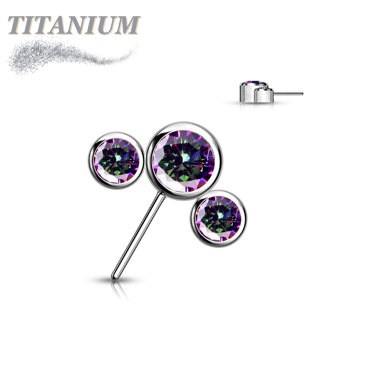 Titanium Threadless Front Facing 3 CZ Bezel Curve (Top Only)