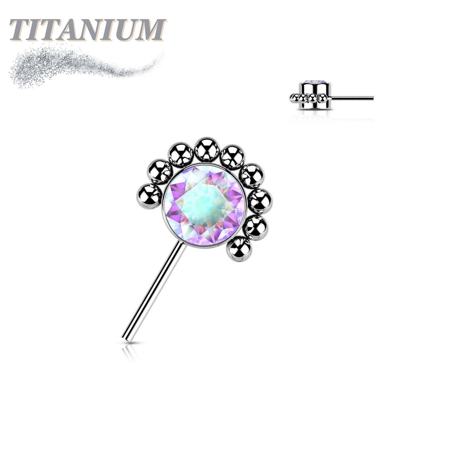 Titanium Threadless Forward Facing Gem or Opal with Beaded Micro Ball Edge (Top Only)