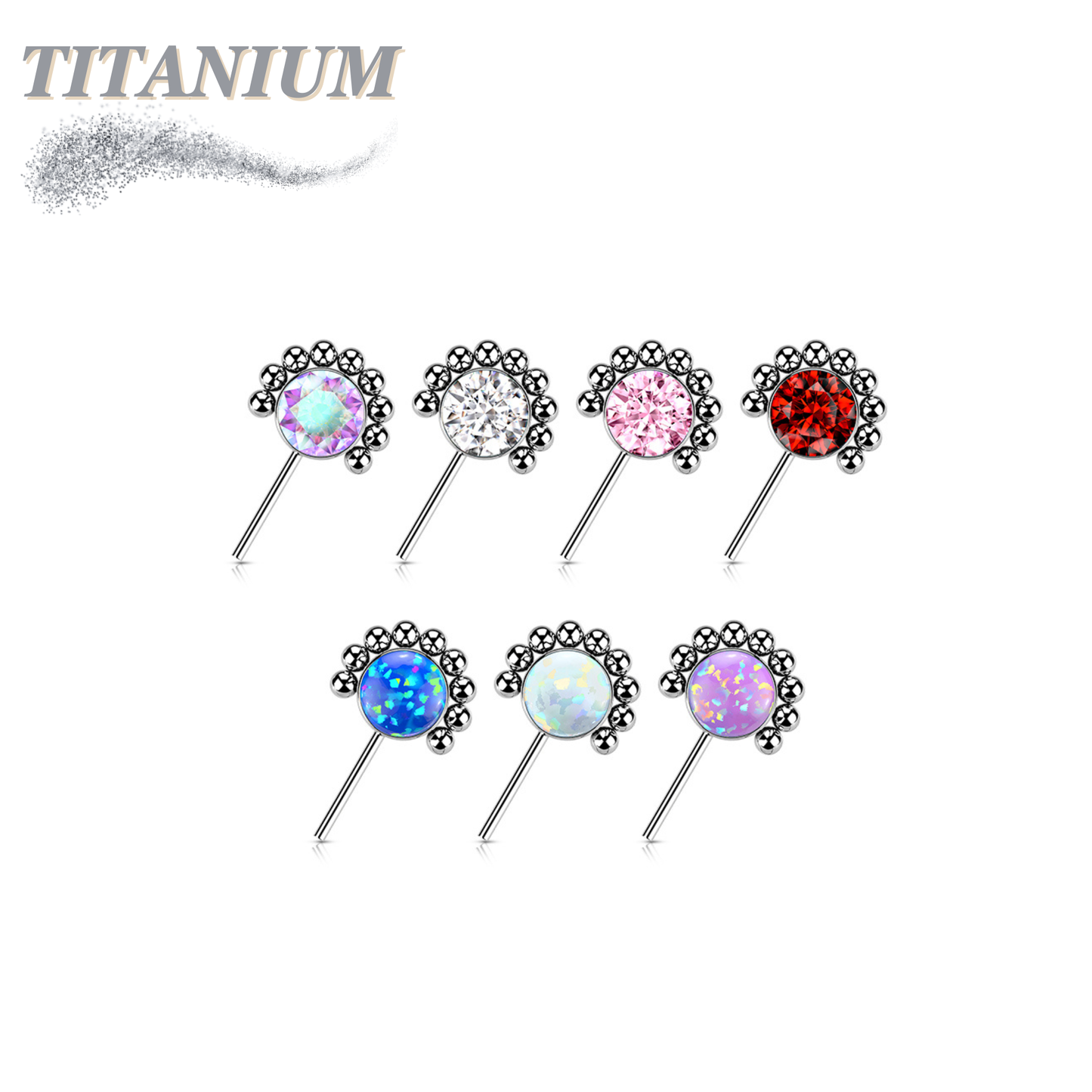 Titanium Threadless Forward Facing Gem or Opal with Beaded Micro Ball Edge (Top Only)
