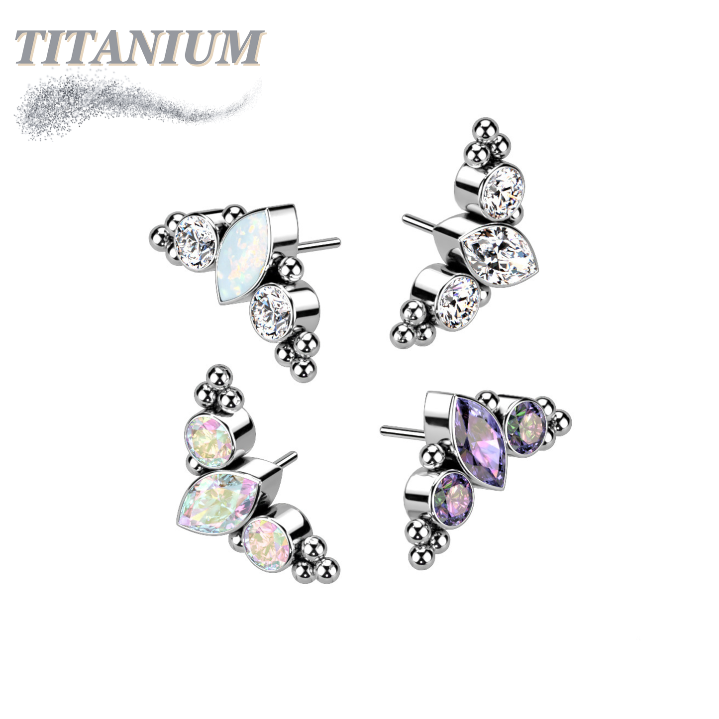 Titanium Threadless Top with Marquise CZ Surrounded by CZ & Ball Cluster (Top Only)