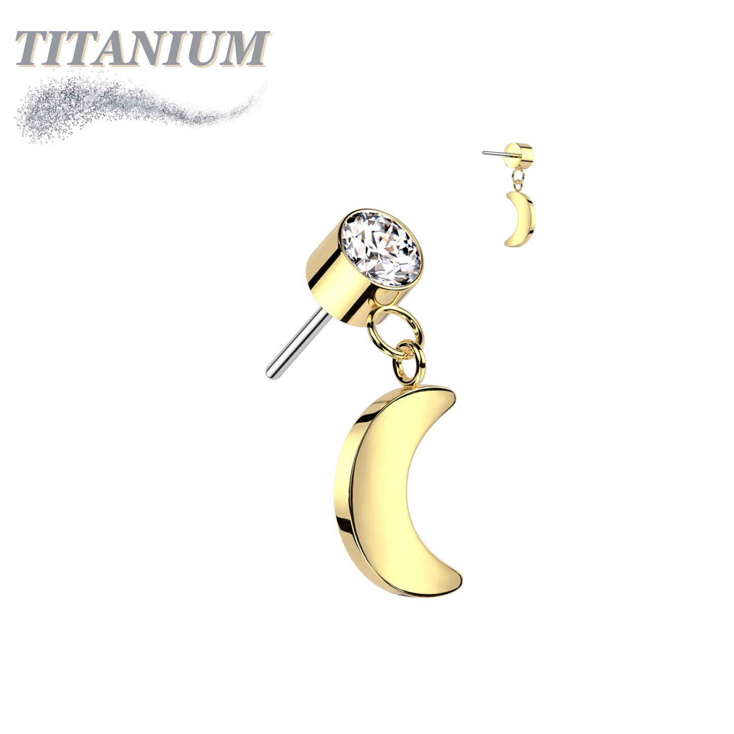 Titanium Threadless Round Bezel with Dangle Crescent Moon (Top Only)