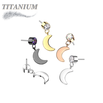 Titanium Threadless Round Bezel with Dangle Crescent Moon (Top Only)
