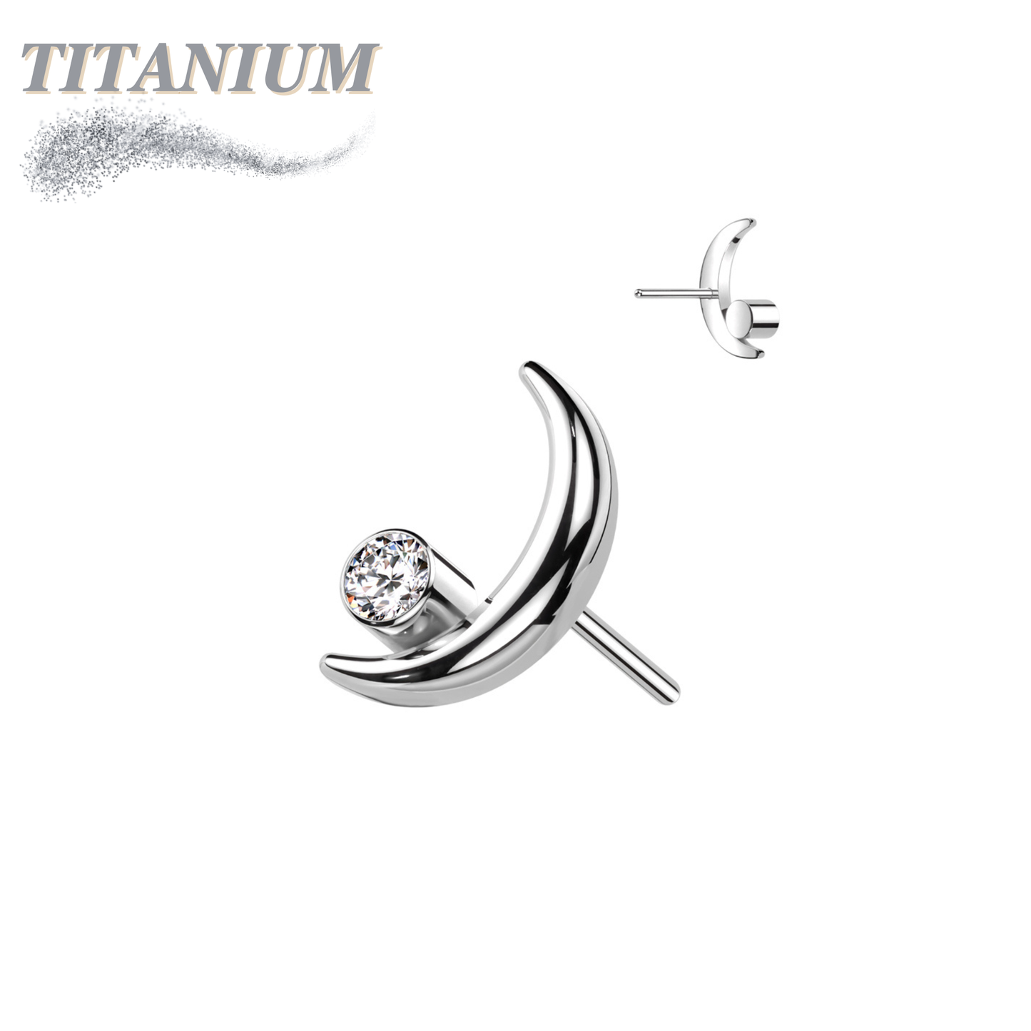 Titanium Threadless Crescent Moon with Bezel CZ (Top Only)