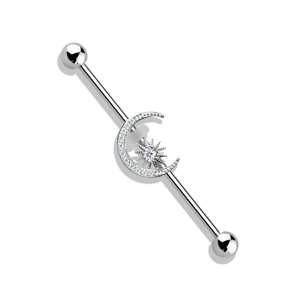 Surgical Steel/Brass Externally Threaded Industrial Barbell with CZ Paved Moon and Center Star (CLEARANCE)