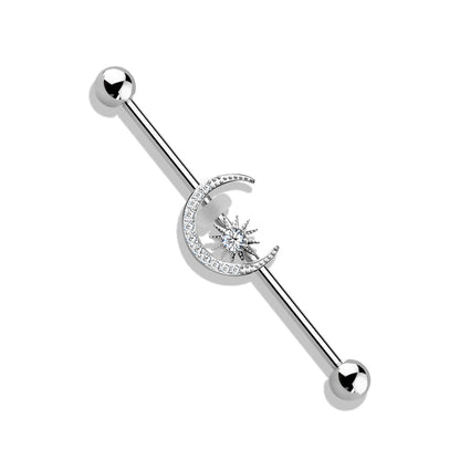 Surgical Steel/Brass Externally Threaded Industrial Barbell with CZ Paved Moon and Center Star (CLEARANCE)