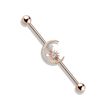 Surgical Steel/Brass Externally Threaded Industrial Barbell with CZ Paved Moon and Center Star (CLEARANCE)
