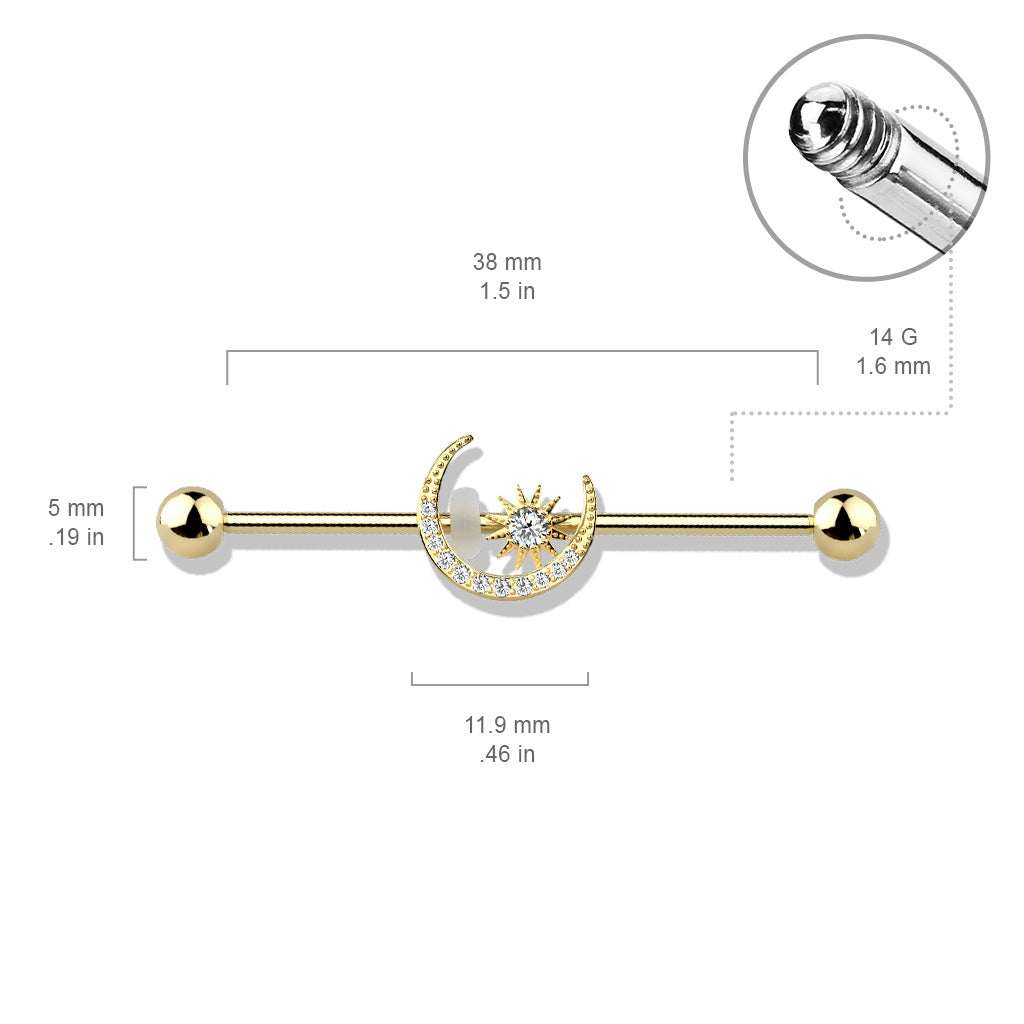 Surgical Steel/Brass Externally Threaded Industrial Barbell with CZ Paved Moon and Center Star (CLEARANCE)