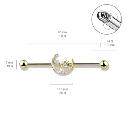 Surgical Steel/Brass Externally Threaded Industrial Barbell with CZ Paved Moon and Center Star (CLEARANCE)