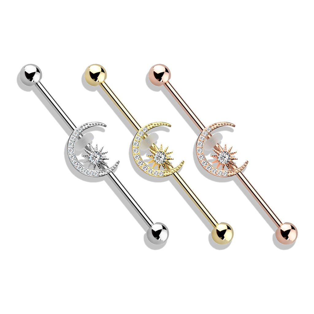 Surgical Steel/Brass Externally Threaded Industrial Barbell with CZ Paved Moon and Center Star (CLEARANCE)