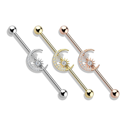 Surgical Steel/Brass Externally Threaded Industrial Barbell with CZ Paved Moon and Center Star (CLEARANCE)