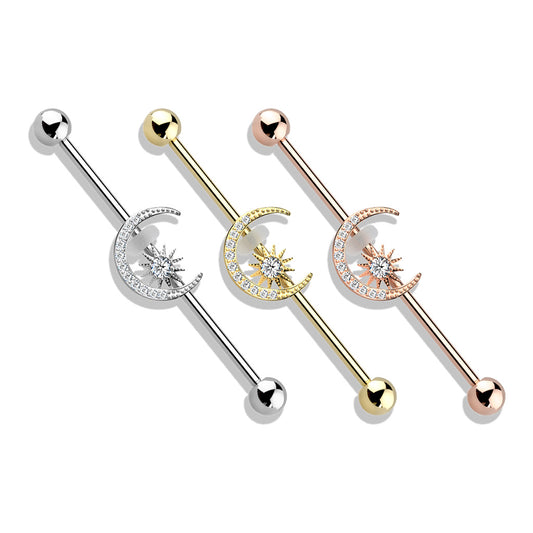 Surgical Steel Industrial Barbell with CZ Paved Moon and Center Star External Thread