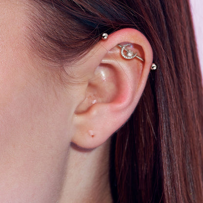 Surgical Steel/Brass Externally Threaded Industrial Barbell with CZ Paved Moon and Center Star (CLEARANCE)