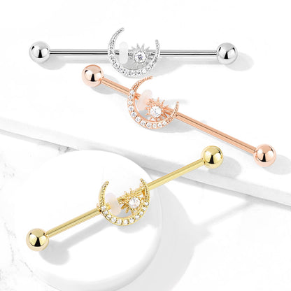 Surgical Steel/Brass Externally Threaded Industrial Barbell with CZ Paved Moon and Center Star (CLEARANCE)