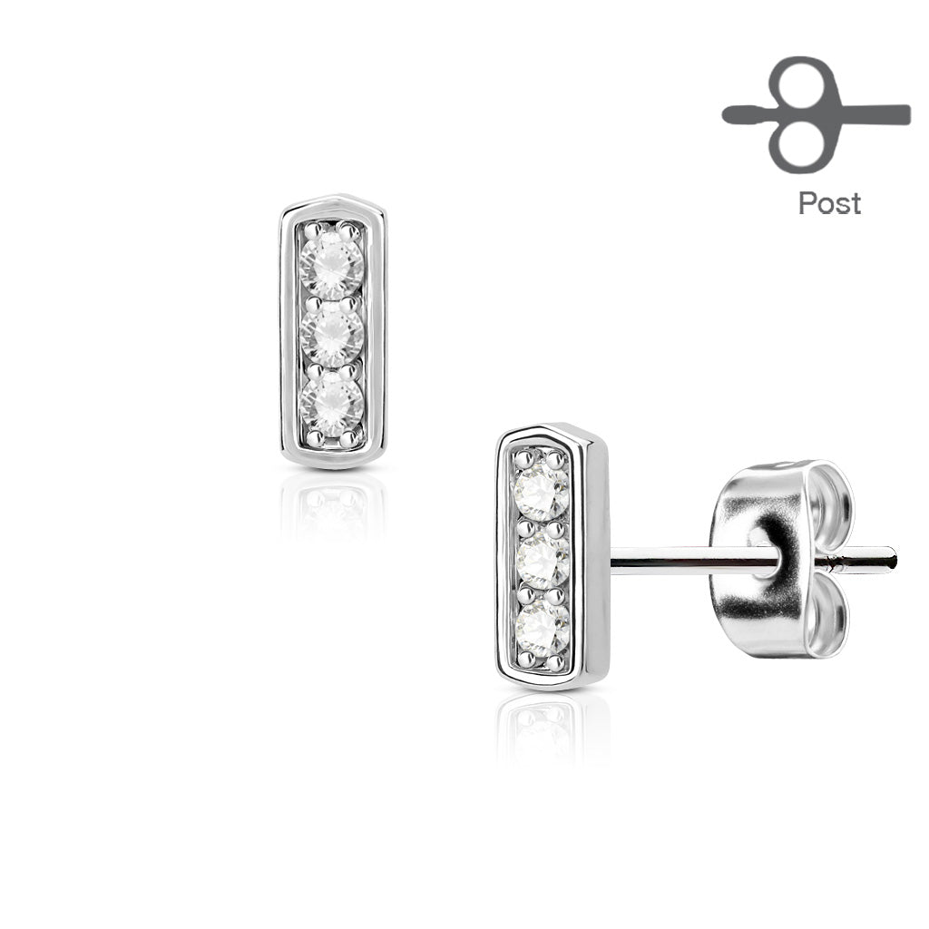 Surgical Steel Earrings Rectangle w/ Triple Set CZ