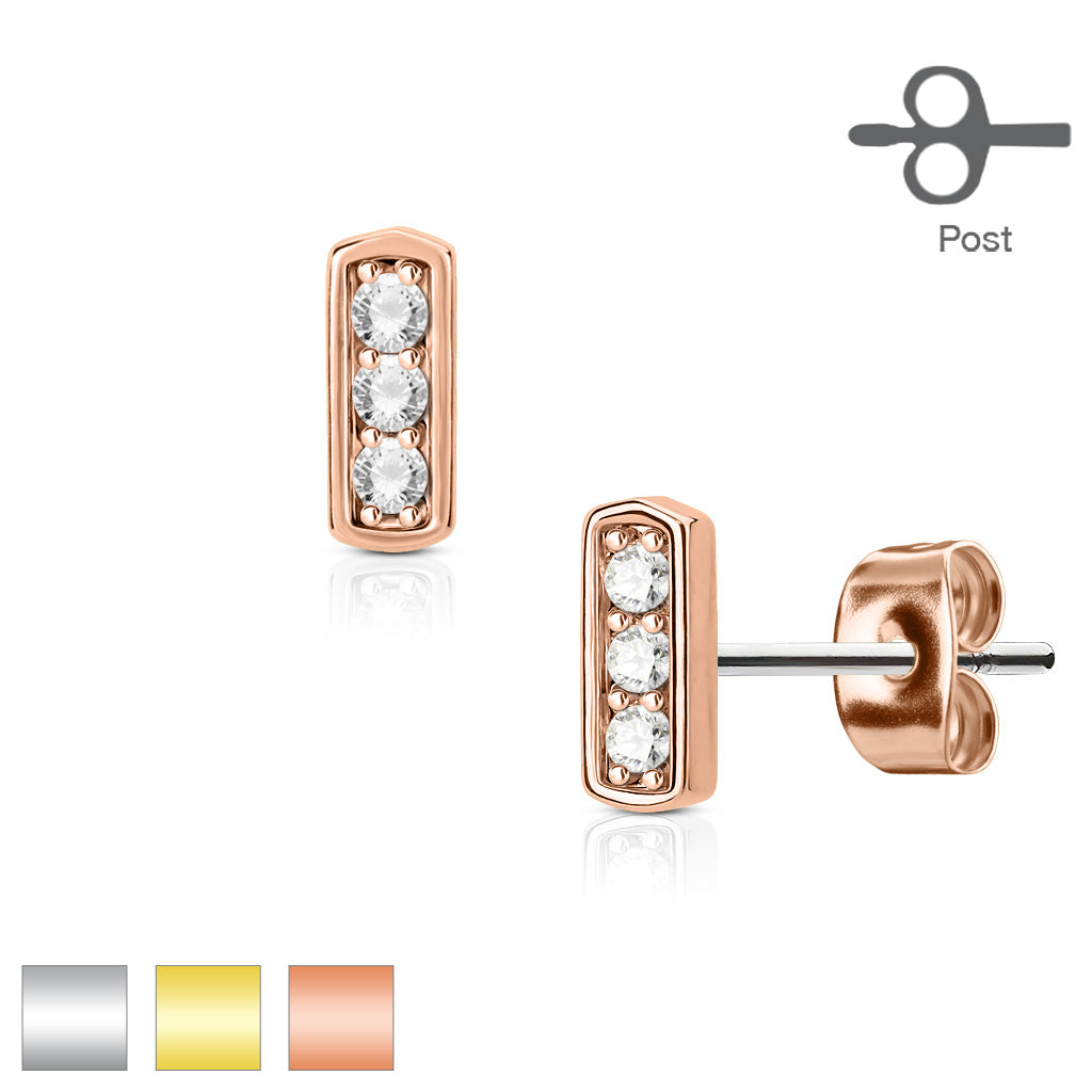 Surgical Steel Earrings Rectangle w/ Triple Set CZ