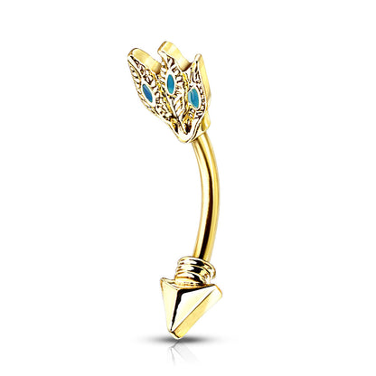 Surgical Steel Externally Threaded Turquoise Feathers Tribal Arrow Curved Barbell