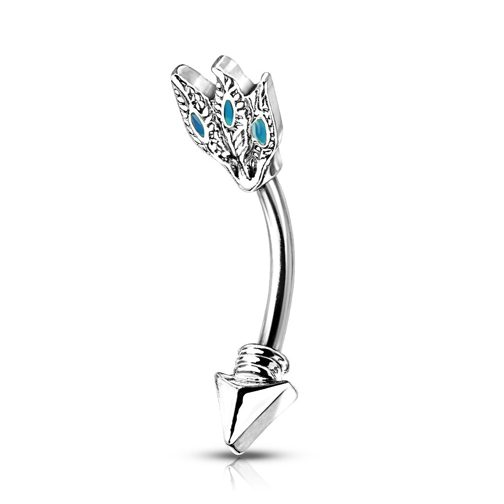 Surgical Steel Externally Threaded Turquoise Feathers Tribal Arrow Curved Barbell