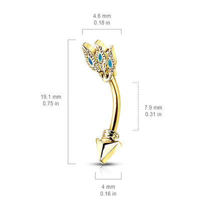 Surgical Steel Externally Threaded Turquoise Feathers Tribal Arrow Curved Barbell