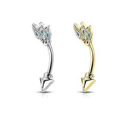 Surgical Steel Externally Threaded Turquoise Feathers Tribal Arrow Curved Barbell