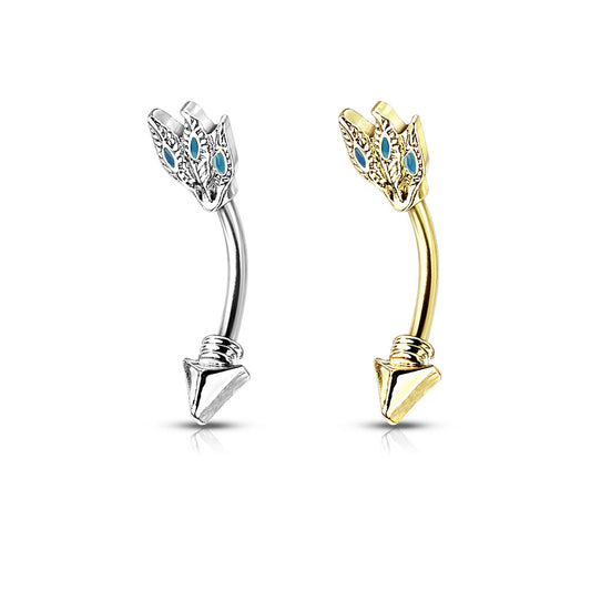 Surgical Steel Turquoise Feathers Tribal Arrow Curved Barbell External Thread