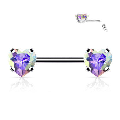 Threadless Surgical Steel Nipple Barbell Combo with Heart Gem Ends