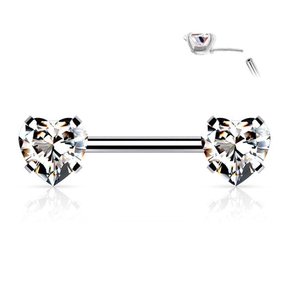 Threadless Surgical Steel Nipple Barbell Combo with Heart Gem Ends