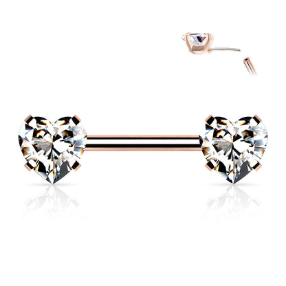 Threadless Surgical Steel Nipple Barbell Combo with Heart Gem Ends
