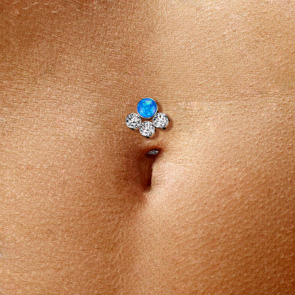 Titanium Threadless Floating Belly Ring with Opal Centre and 3 Bezel CZ Top