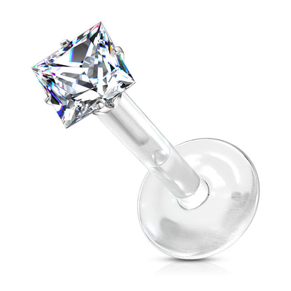 Acrylic Threadless Flat Back Labret Combo with Surgical Steel Prong Set Square CZ Top