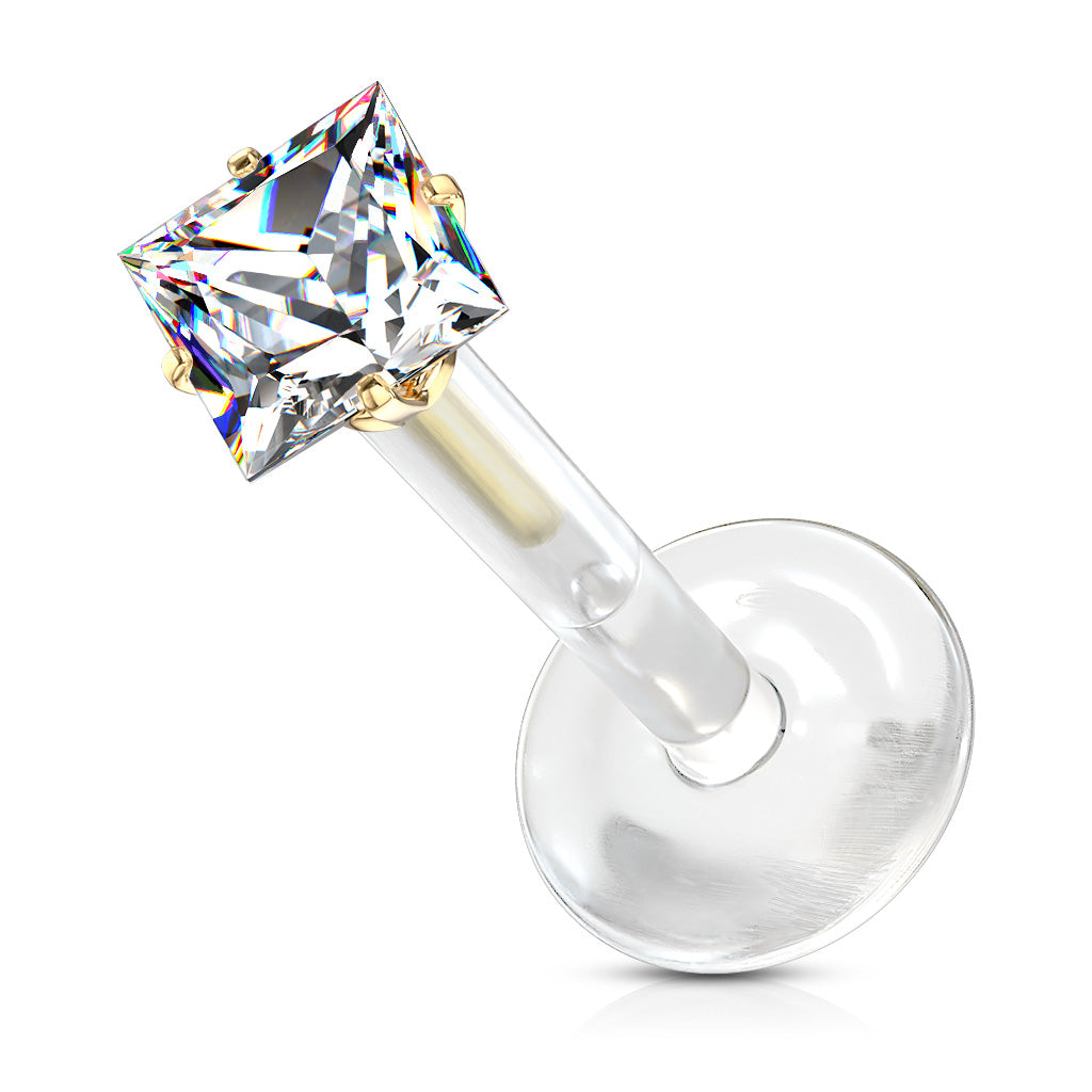 Acrylic Threadless Flat Back Labret Combo with Surgical Steel Prong Set Square CZ Top