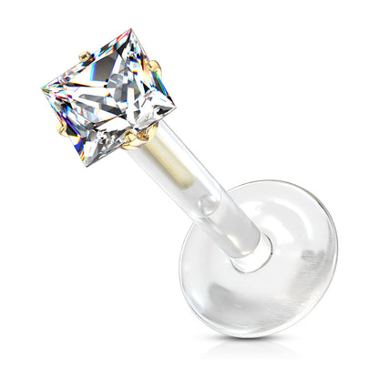 Acrylic Threadless Flat Back Labret Combo with Surgical Steel Prong Set Square CZ Top