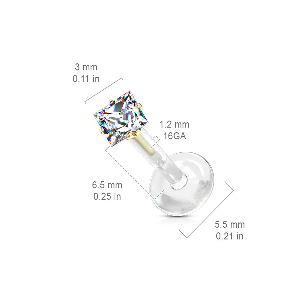 Acrylic Threadless Flat Back Labret Combo with Surgical Steel Prong Set Square CZ Top