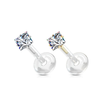 Acrylic Threadless Flat Back Labret Combo with Surgical Steel Prong Set Square CZ Top