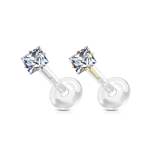 Threadless Acrylic Flat Back Labret Combo with Surgical Steel Prong Set Square CZ Top