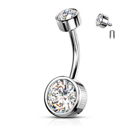 Surgical Steel Internally Threaded Round Stamped Bezel CZ Belly Banana