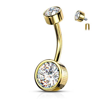 Surgical Steel Internally Threaded Round Stamped Bezel CZ Belly Banana
