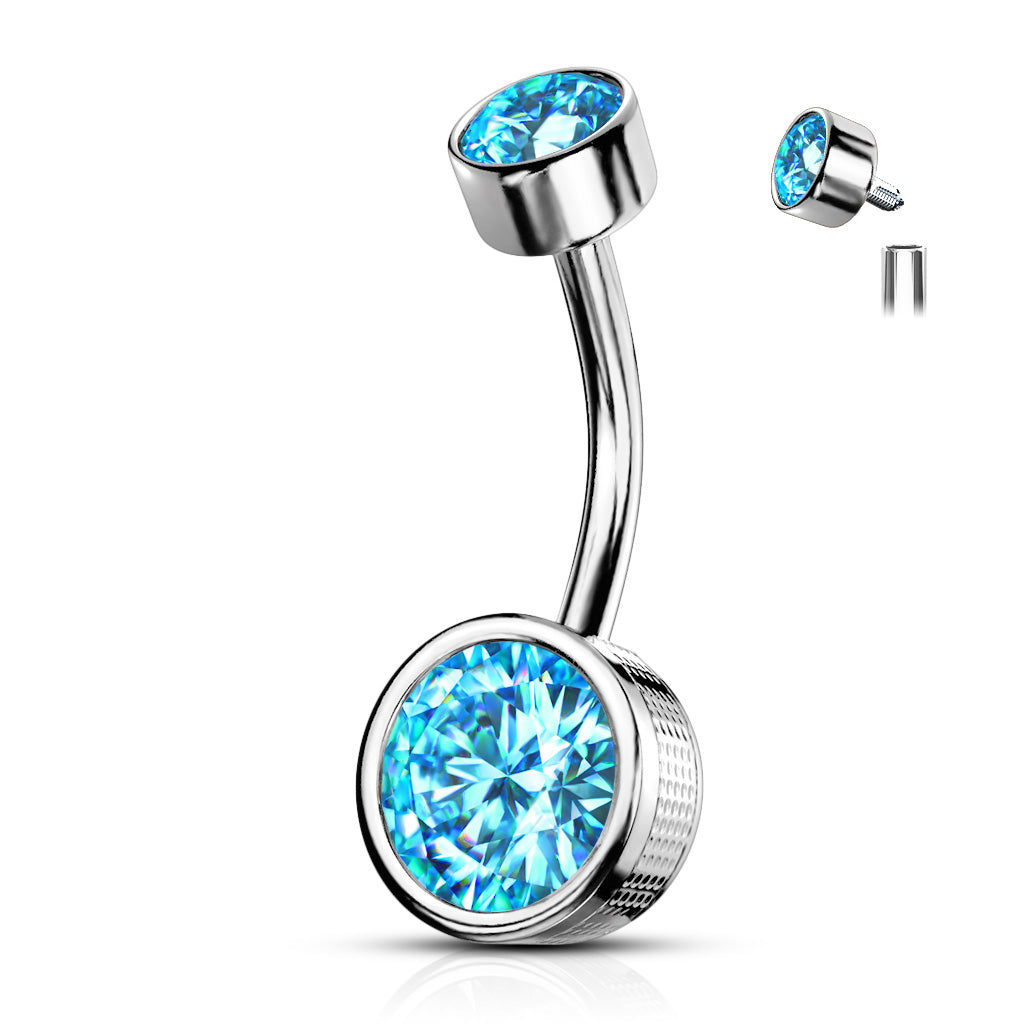 Surgical Steel Internally Threaded Round Stamped Bezel CZ Belly Banana