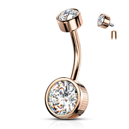 Surgical Steel Internally Threaded Round Stamped Bezel CZ Belly Banana