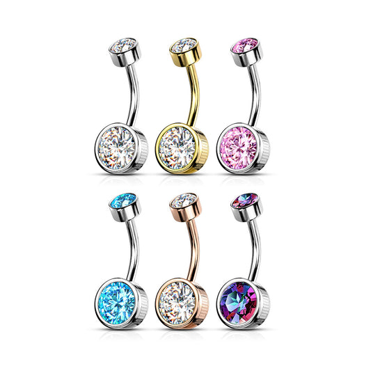 Surgical Steel Round Stamped Bezel CZ Internally Threaded Belly Banana