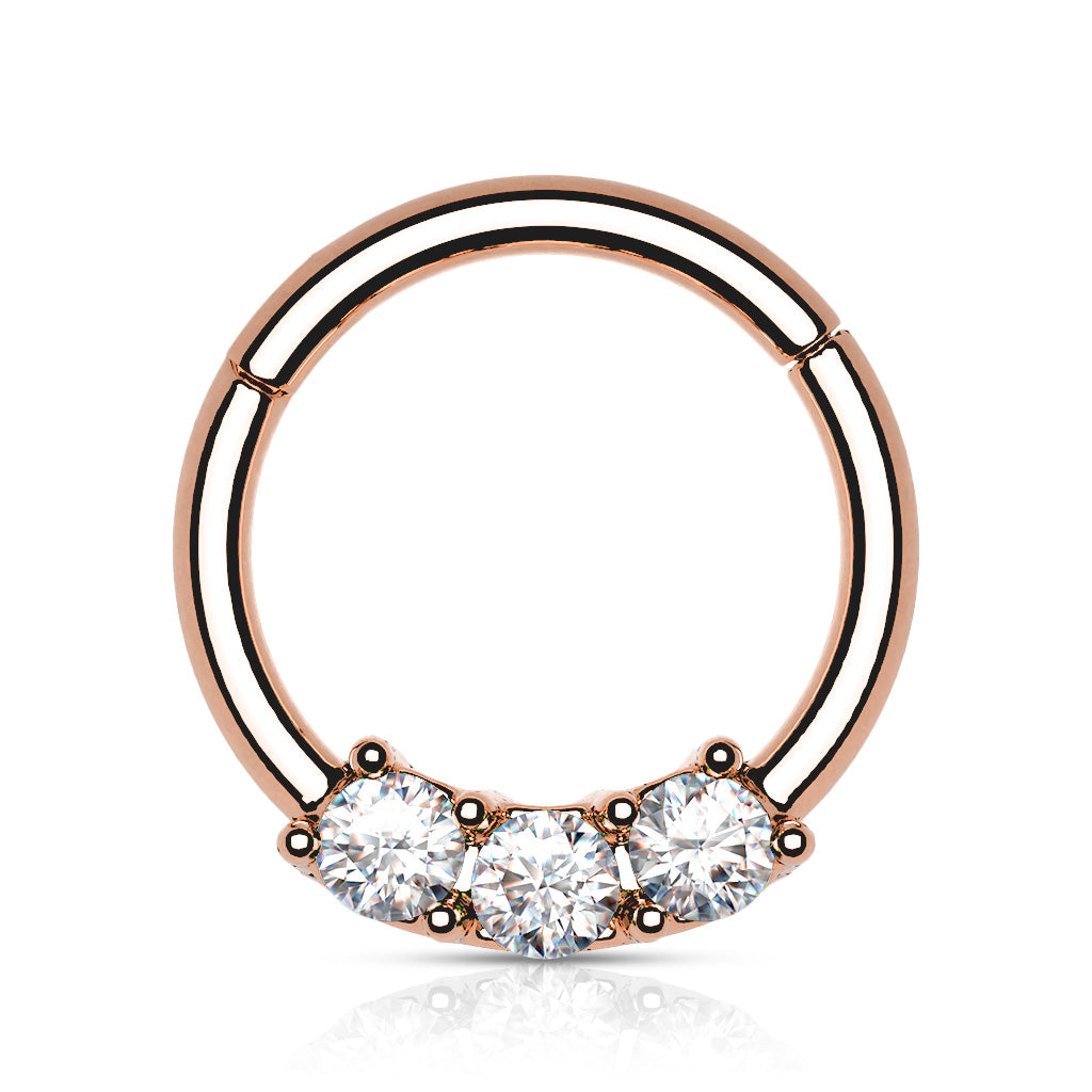 Surgical Steel Hinged Ring with Front Facing Prong Clasp 3 Gems
