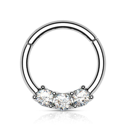 Surgical Steel Hinged Ring with Front Facing Prong Clasp 3 Gems