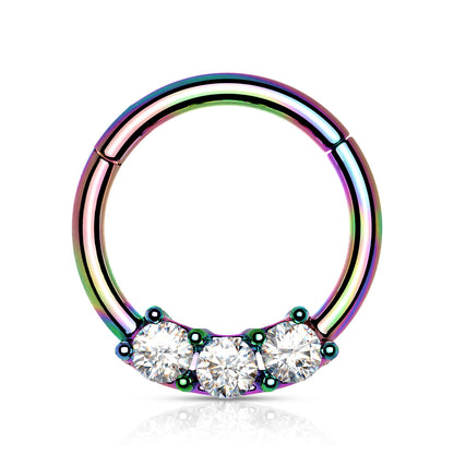 Surgical Steel Hinged Ring with Front Facing Prong Clasp 3 Gems