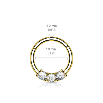 Surgical Steel Hinged Ring with Front Facing Prong Clasp 3 Gems