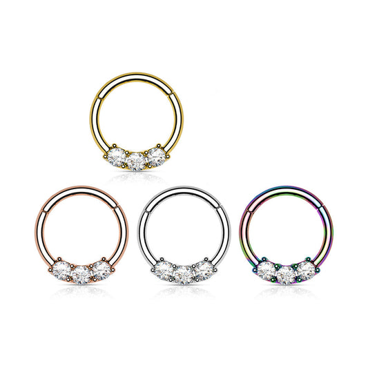 Surgical Steel Hinged Ring with Front Facing Prong Clasp 3 Gems