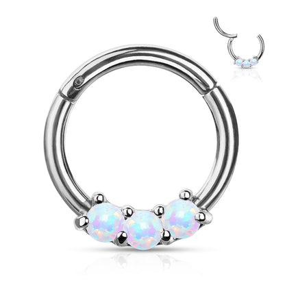 Surgical Steel Hinged Ring with Front Facing Prong Clasp 3 Opals