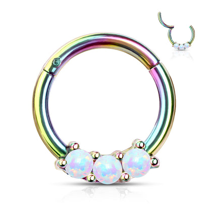 Surgical Steel Hinged Ring with Front Facing Prong Clasp 3 Opals