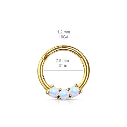 Surgical Steel Hinged Ring with Front Facing Prong Clasp 3 Opals