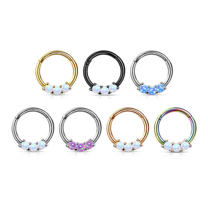 Surgical Steel Hinged Ring with Front Facing Prong Clasp 3 Opals
