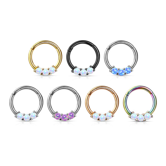 Surgical Steel Hinged Ring with Front Facing Prong Clasp 3 Opals