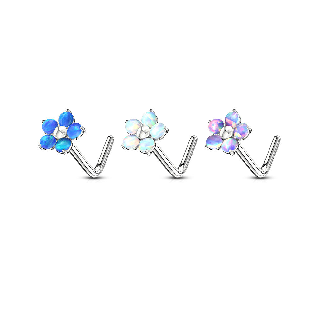 Surgical Steel L Bend Nostril Stud with 5 Petal Opal Flower